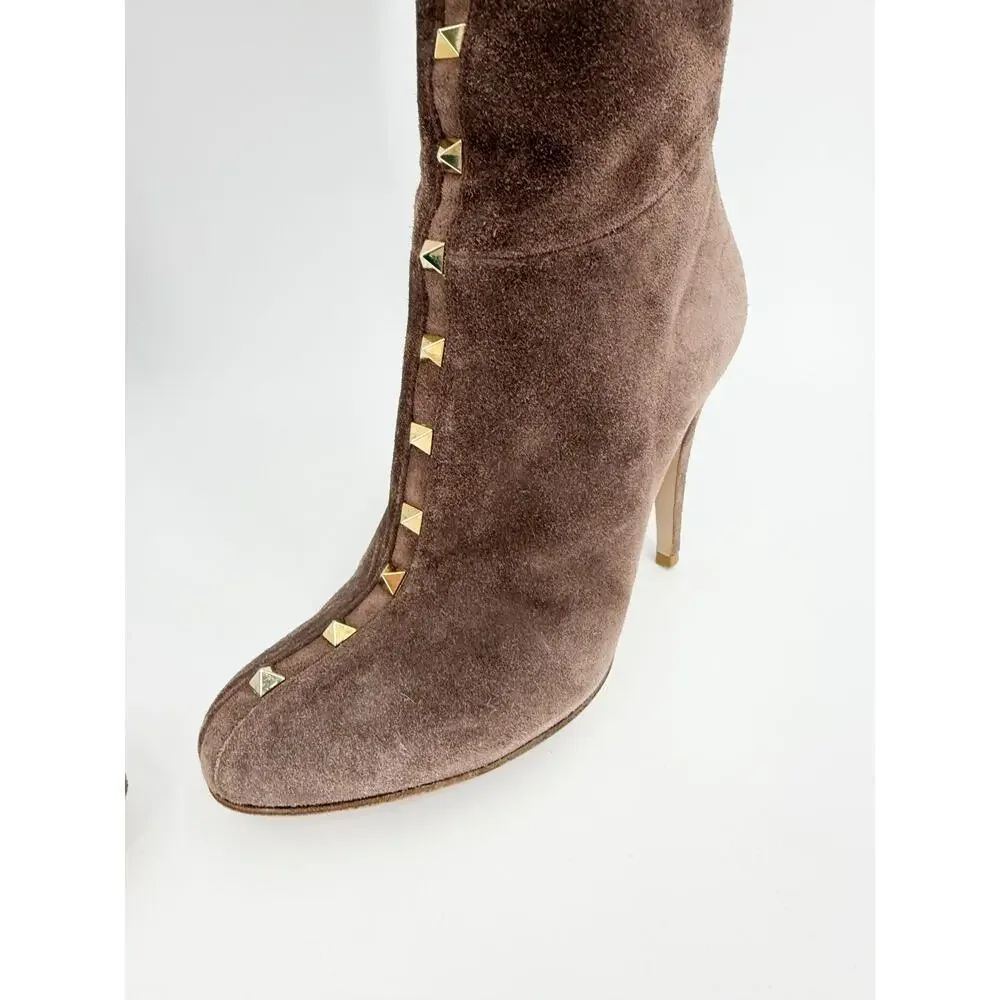 Valentino Rockstud Suede Over The Knee Boots Brown Knee High Stiletto Heel 37.5